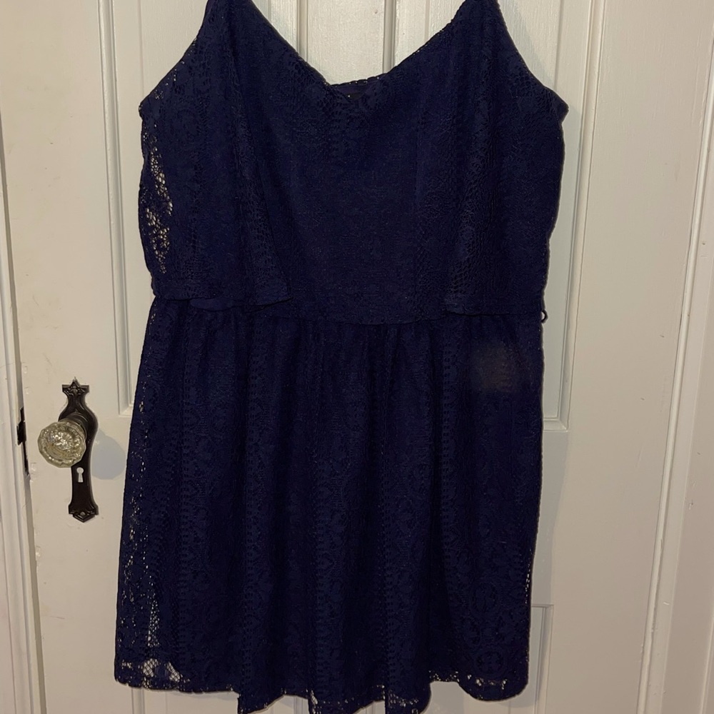 Navy blue spaghetti strap dress.